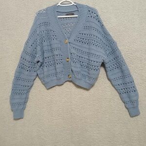 Zaful Light Blue Open Knit Button-Up Cardigan Size XL
